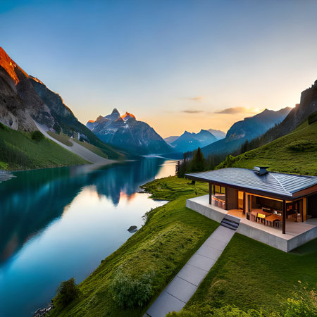 Beautiful alpine landscape with lake and mountain at sunset. Composition of nature.の素材