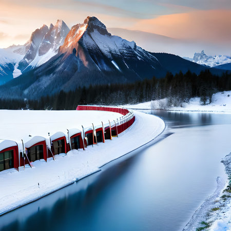 Fantastic winter landscape with snow-capped mountains and red cabinsの素材