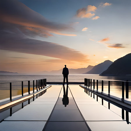 Silhouette of a man standing on a terrace overlooking the sea at sunsetの素材
