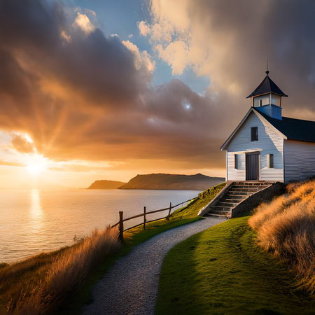 Beautiful seascape with a church on the coast of Norway at sunset.の素材