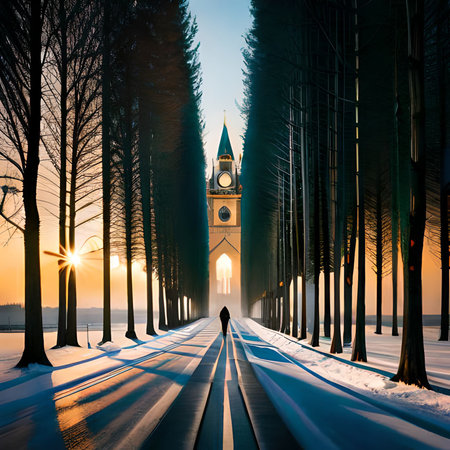 Tramway in a winter forest at sunset with the clock towerの素材