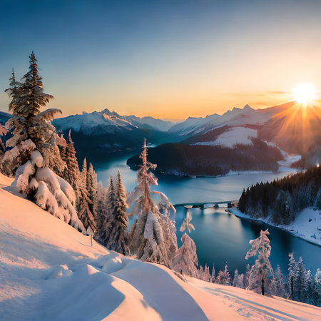 Fantastic winter landscape glowing by sunlight. Dramatic wintry scene. Carpathian, Ukraine, Europe. Beauty world.の素材