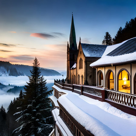Sunset view of the Church of St. John in Carpathian mountains, Ukraineの素材