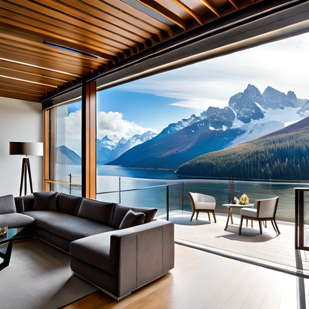 interior of modern house, living room with panoramic viewの素材