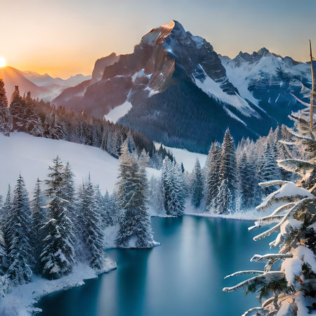 Beautiful winter landscape with mountain lake and snow covered fir trees.の素材
