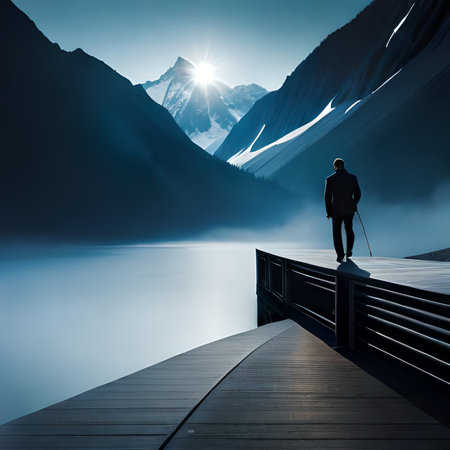 Businessman standing on a wooden jetty and looking at the mountainsの素材