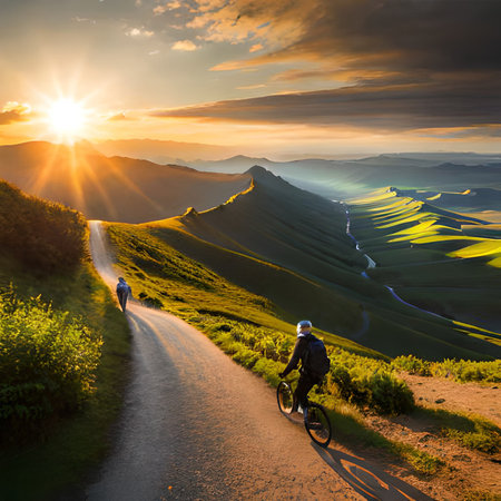 Cyclist on the road in the mountains at sunset. Beautiful landscape.の素材