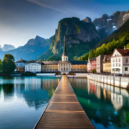 Wooden pier on the lake Lucerne at sunrise, Switzerlandの素材