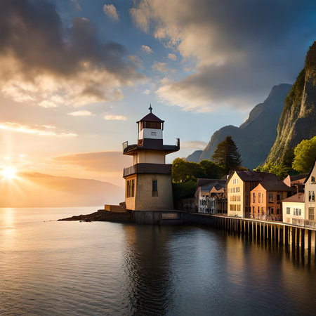 Lighthouse on the shore of Lake Lucerne at sunset, Switzerlandの素材
