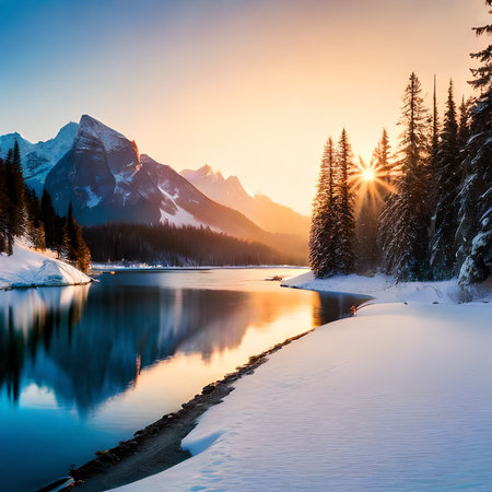 Beautiful winter landscape with snow-capped mountains and lake.の素材