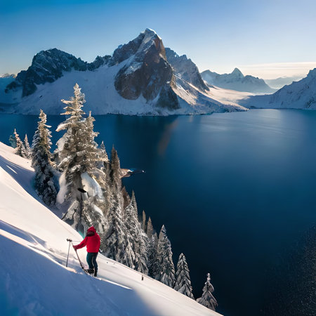 Beautiful winter landscape with snow covered mountains and blue lake in Dolomites, Italyの素材