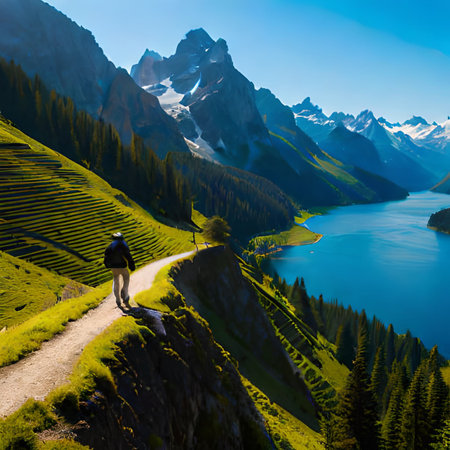 Hike to the beautiful alpine lake. Switzerland, Europe.の素材