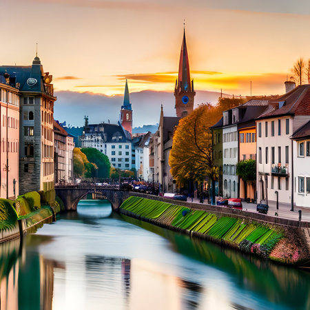 Sunset view of the river Reuss in Bern, Switzerland.の素材