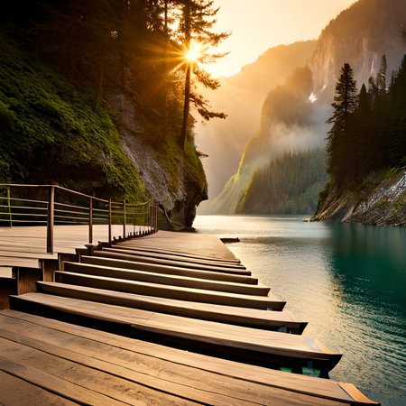 Wooden pier on the lake in the mountains at sunset, Switzerlandの素材