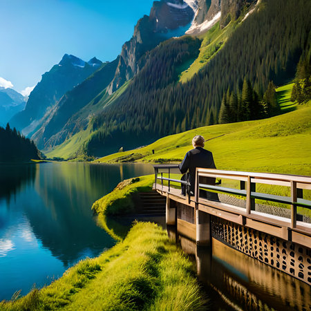 Woman looking at the mountain lake. Switzerland, Europe. Beauty world.の素材