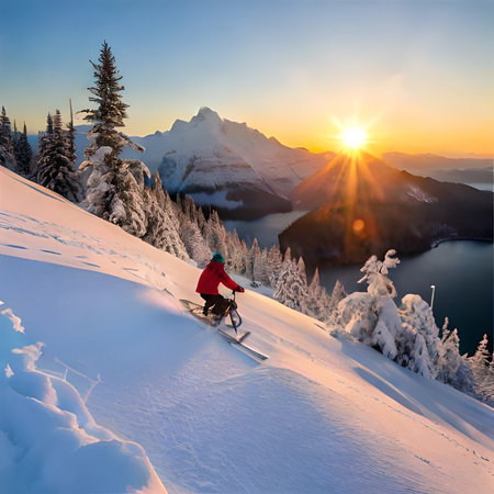Snowboarder in the mountains at sunset. Beautiful winter landscape.の素材