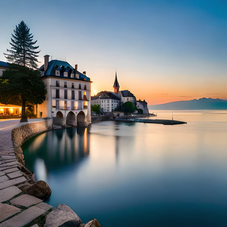 Panoramic view of Lake Lucerne at sunrise, Switzerlandの素材