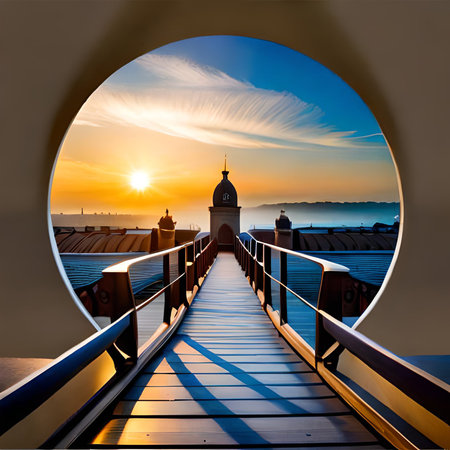Sunset on the pier of the Baltic Sea in Gdansk, Poland.の素材
