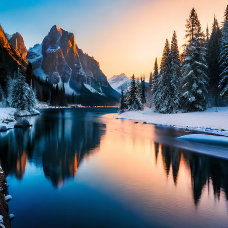 Fantastic winter landscape with snow-capped mountains and lake in Dolomites, Italyの素材