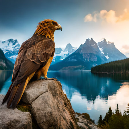Beautiful golden eagle sitting on a rock in front of a mountain lakeの素材