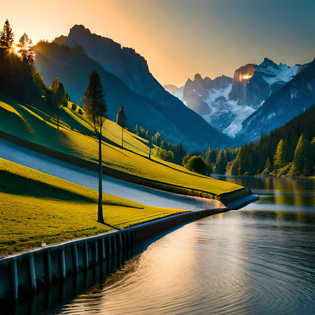 Fantastic sunset on the lake. Dolomites, Italy.の素材