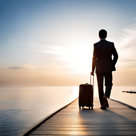 Silhouette of a businessman standing on a pier with a suitcase at sunsetの素材
