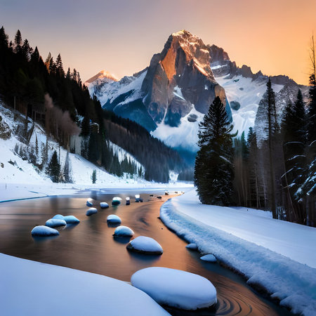Fantastic winter landscape of Dolomites mountains, Italy, Europeの素材