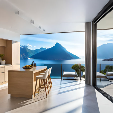 interior of modern house, dining room with mountain view. 3d renderの素材