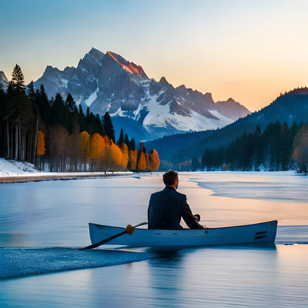 Man in a canoe on the lake at sunrise, Dolomites, Italyの素材