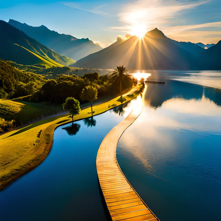 Wooden walkway leading to mountain lake at sunrise, Switzerland.の素材