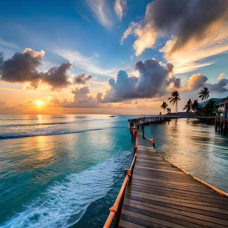 Wooden jetty leading to tropical beach at sunset, Maldivesの素材