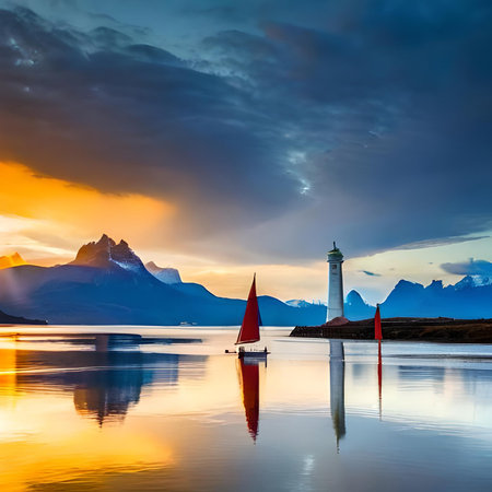 Lighthouse on the Lofoten islands in Norway at sunsetの素材