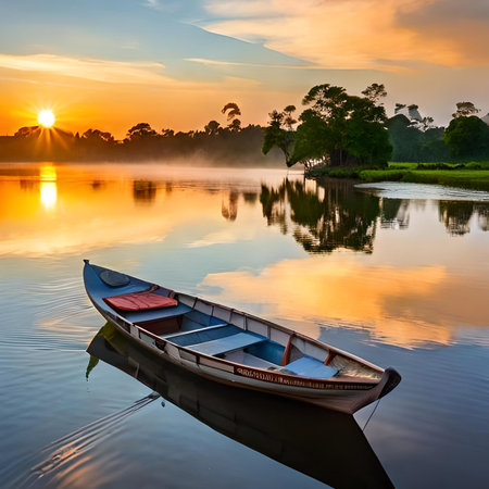 Boat on the lake at sunrise, Kerala, South India.の素材