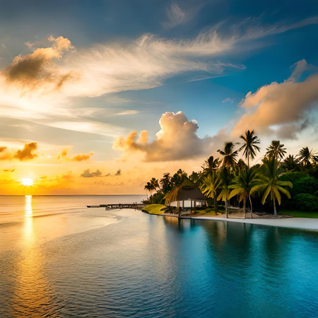 Beautiful sunset at Maldives island with palm trees and swimming poolの素材