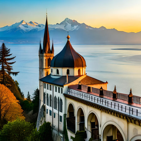 Panoramic view of Lake Lucerne at sunrise, Switzerlandの素材