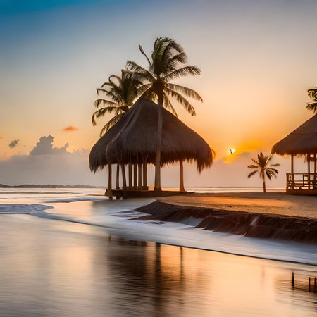 Beautiful sunset at the beach with palm trees and bungalowsの素材