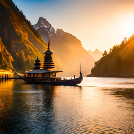 Boat on the lake at sunrise. Fantastic morning scene of Lauterbrunnen, Switzerlandの素材
