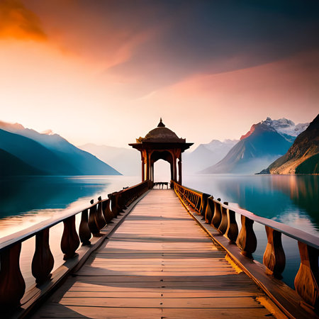 Wooden pier on the lake at sunset in Cordillera Blanca, Peruの素材