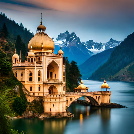 Beautiful view of the famous Masjid Jamek Mosque on the bank of lake Bled, Slovenia.の素材