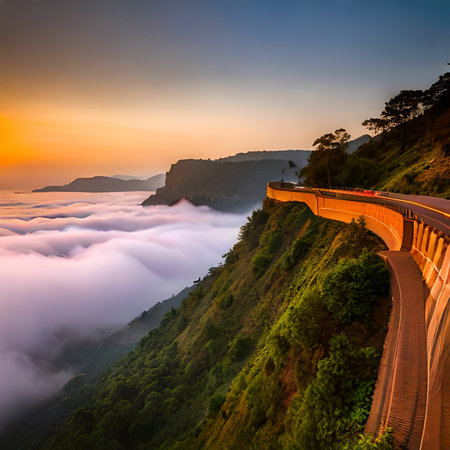 Mountain road with fog at sunset, Mae Hong Son, Thailandの素材