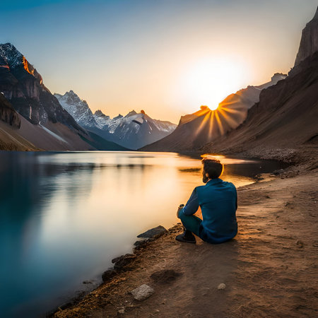 Man sitting on the edge of the lake and looking at the mountains at sunsetの素材