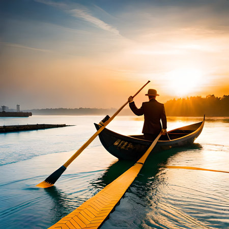 Silhouette of a man rowing a boat at sunset.の素材