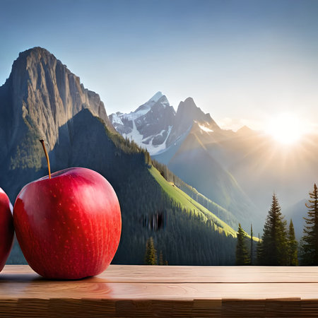Wooden table with two red apples on the background of mountains.の素材