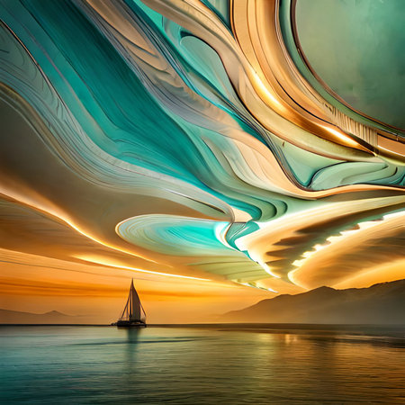 Yacht on the sea at sunset. Colorful abstract background.の素材