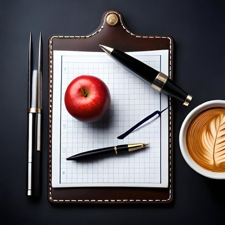 Notebook with pen, coffee and apple on a black background.の素材