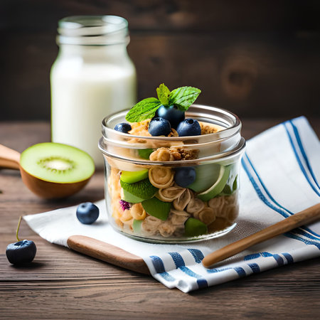 Healthy breakfast with muesli and berries in glass jar on wooden backgroundの素材