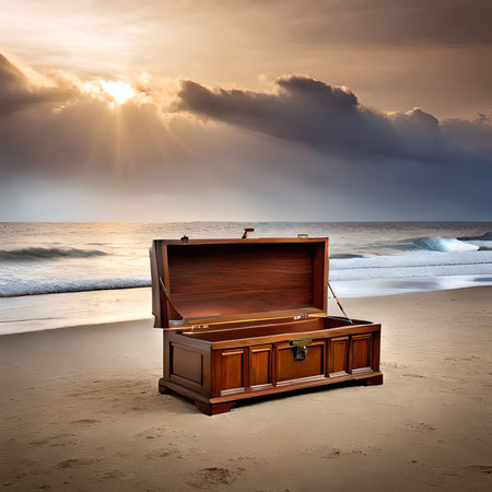 Treasure chest on the beach at sunset. 3d render.の素材