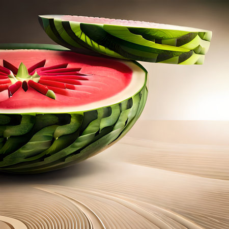 Watermelon slice on a wooden background. 3d render illustration.の素材