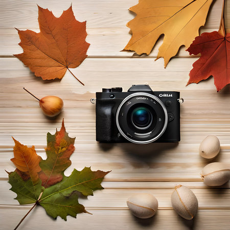 Autumn background with camera and autumn leaves. Flat lay, top viewの素材