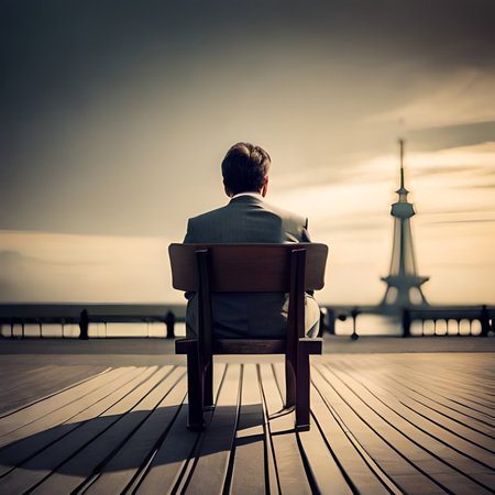 Businessman sitting on a wooden deck with a view of the Paris skylineの素材